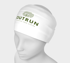 White running headband ''Race Pace'' with green logo on the head of a mannequin