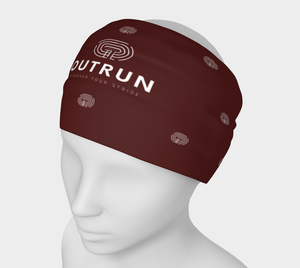 Burgundy running headband ''1k Repeats'' with white logo and pattern on the head of a mannequin