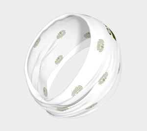 White running headband ''Block Starts'' with green logo pattern, back view