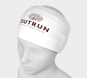 White running headband ''Race Pace'' with burgundy logo on the head of a mannequin