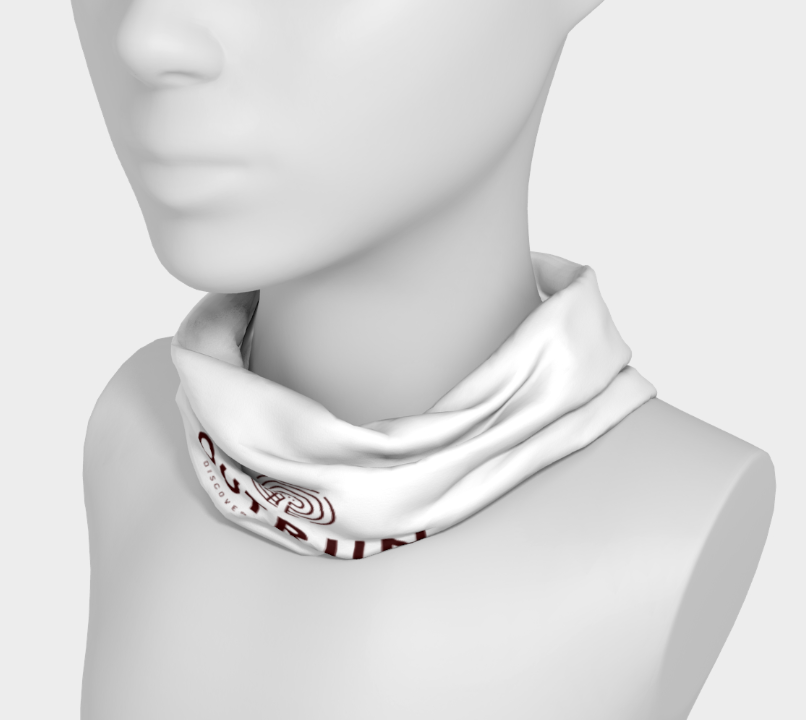 White running headband ''Race Pace'' with burgundy logo on the neck of a mannequin