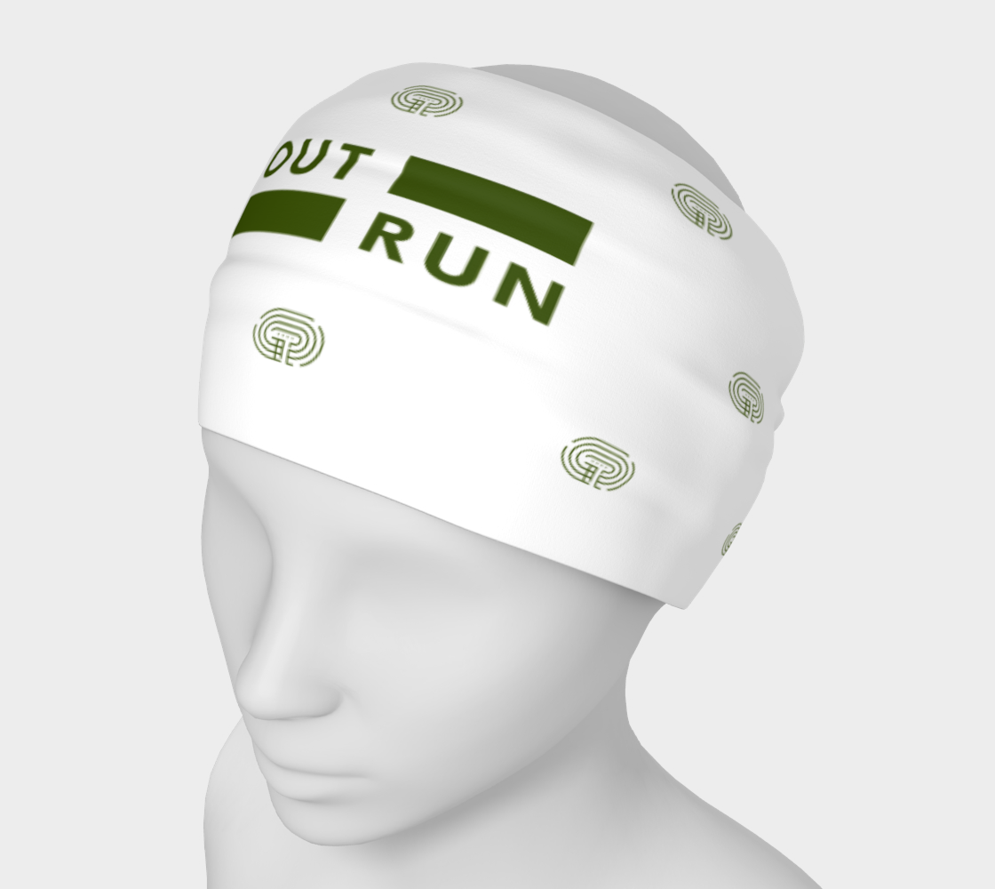 White running headband ''Block Starts'' with green logo and pattern on the head of a mannequin
