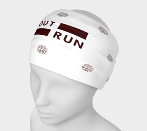 White running headband ''Block Starts'' with burgundy logo and pattern on the head of a mannequin