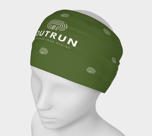 Green running headband ''1k Repeats'' with white logo and pattern on the head of a mannequin