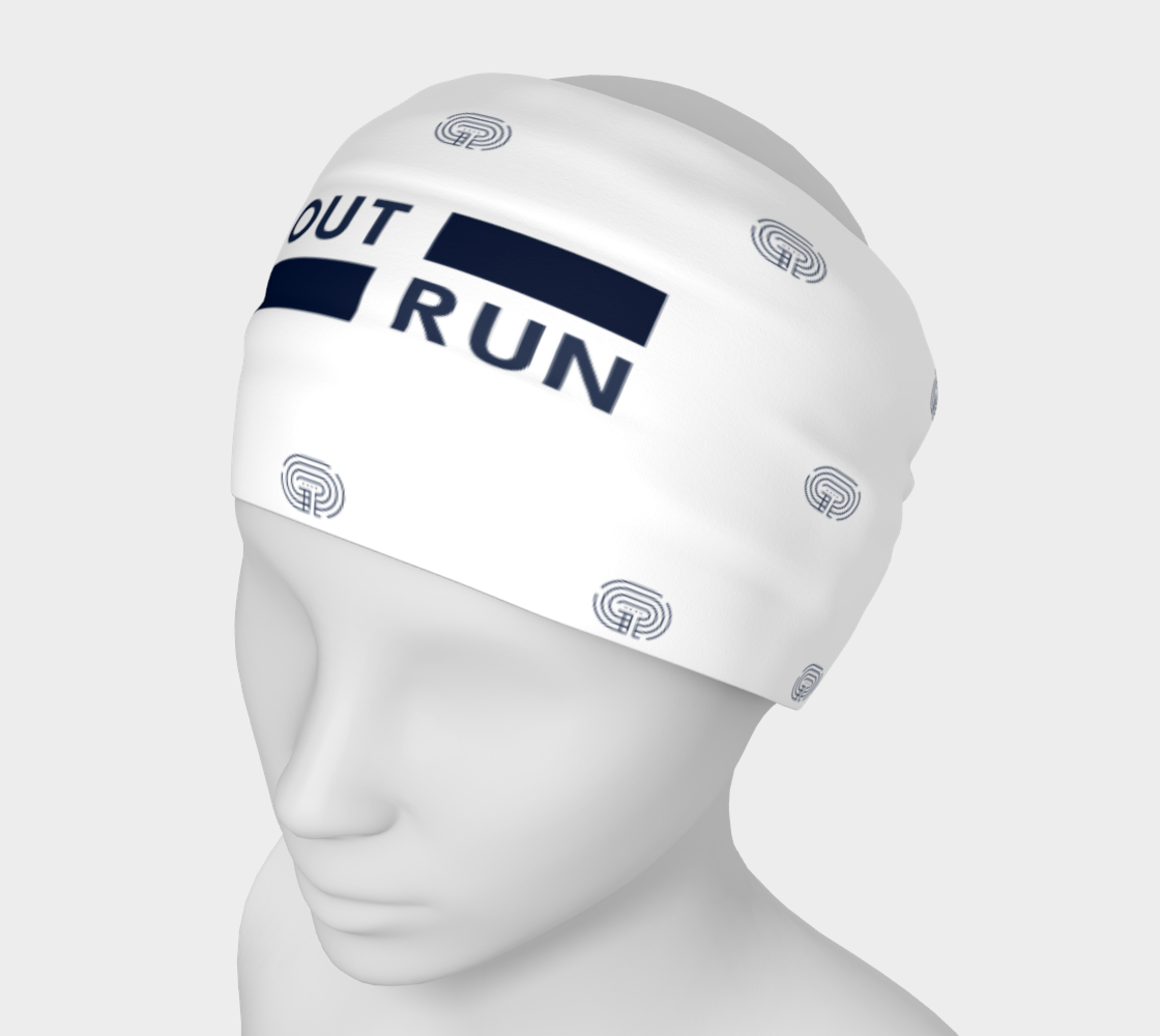 White running headband ''Block Starts'' with blue logo and pattern on the head of a mannequin