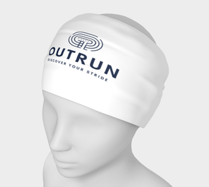 White running headband ''Race Pace'' with blue logo on the head of a mannequin