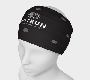 Black running headband ''1k Repeats'' with white logo and pattern on the head of a mannequin